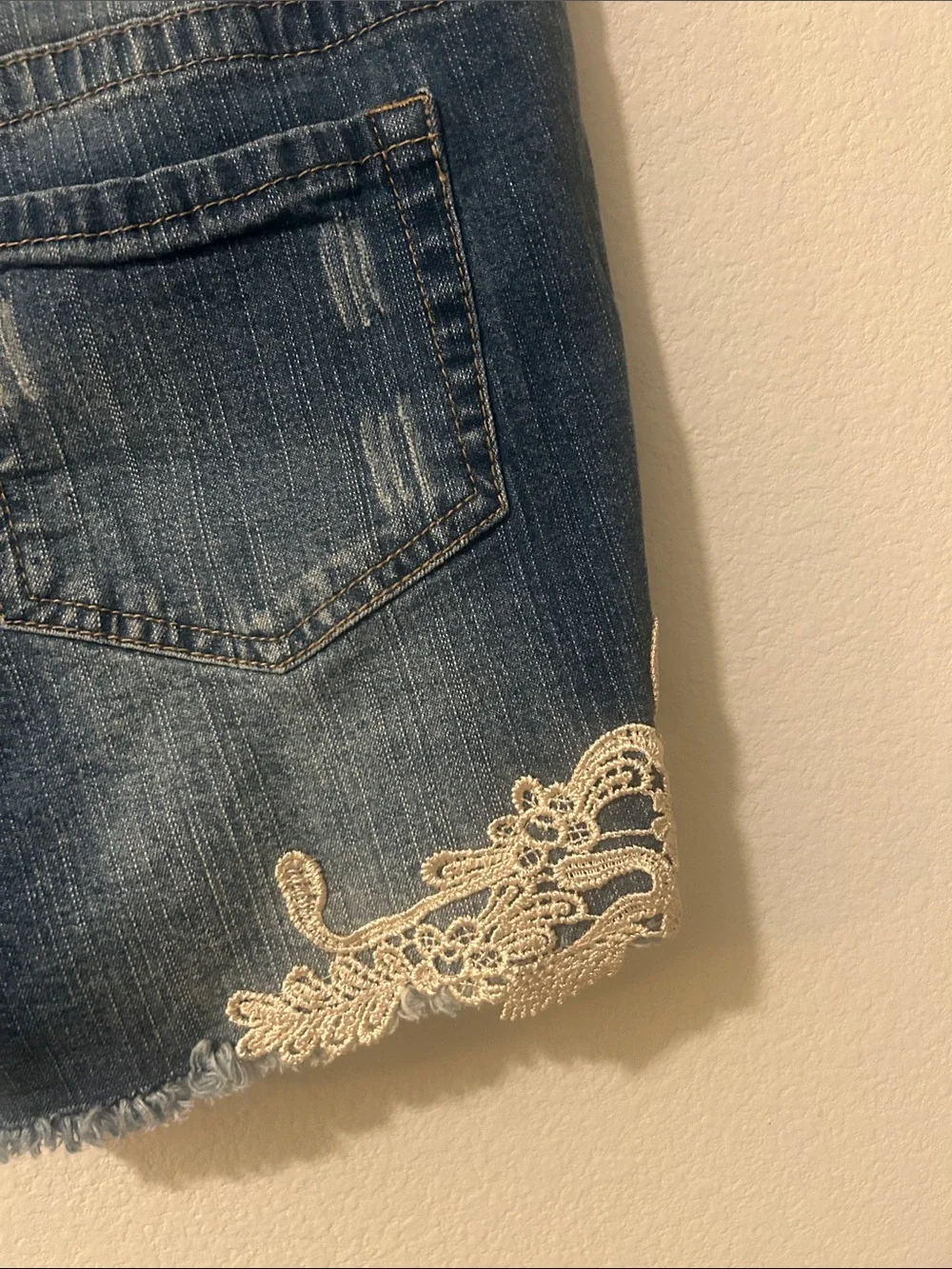 VENUS Dark Blue Denim Shorts with Cream Lace Trim